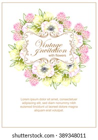 Vintage delicate invitation with flowers for wedding, marriage, bridal, birthday, Valentine's day.