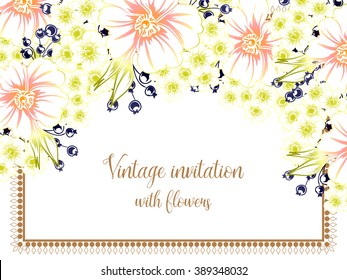 Vintage delicate invitation with flowers for wedding, marriage, bridal, birthday, Valentine's day.