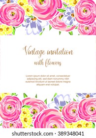 Vintage delicate invitation with flowers for wedding, marriage, bridal, birthday, Valentine's day.