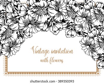 Vintage delicate invitation with flowers for wedding, marriage, bridal, birthday, Valentine's day. Romantic vector illustration.