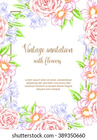 Vintage delicate invitation with flowers for wedding, marriage, bridal, birthday, Valentine's day. Romantic vector illustration.