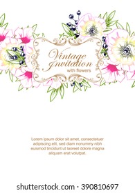 Vintage delicate invitation with flowers for wedding, marriage, bridal, birthday, Valentine's day. Romantic vector illustration.