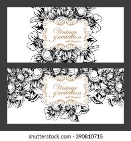 Vintage delicate invitation with flowers for wedding, marriage, bridal, birthday, Valentine's day. Romantic vector illustration.