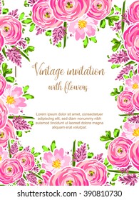 Vintage delicate invitation with flowers for wedding, marriage, bridal, birthday, Valentine's day. Romantic vector illustration.