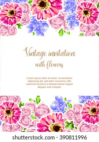 Vintage delicate invitation with flowers for wedding, marriage, bridal, birthday, Valentine's day. Romantic vector illustration.