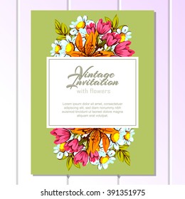 Vintage delicate invitation with flowers for wedding, marriage, bridal, birthday, Valentine's day. 