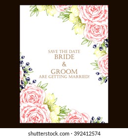 Vintage delicate invitation with flowers for wedding, marriage, bridal, birthday, Valentine's day. Romantic vector illustration.