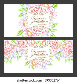 Vintage delicate invitation with flowers for wedding, marriage, bridal, birthday, Valentine's day. Romantic vector illustration.