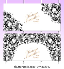 Vintage delicate invitation with flowers for wedding, marriage, bridal, birthday, Valentine's day. Romantic vector illustration.
