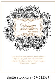 Vintage delicate invitation with flowers for wedding, marriage, bridal, birthday, Valentine's day. Romantic vector illustration.