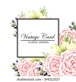 Vintage delicate invitation with flowers for wedding, marriage, bridal, birthday, Valentine's day.