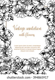 Vintage delicate invitation with flowers for wedding, marriage, bridal, birthday, Valentine's day. Romantic vector illustration.