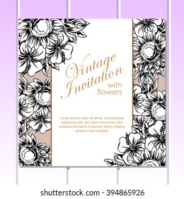 Vintage delicate invitation with flowers for wedding, marriage, bridal, birthday, Valentine's day. Romantic vector illustration.