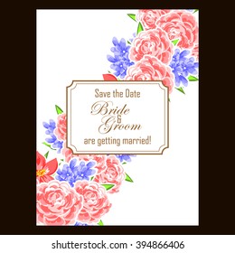 Vintage delicate invitation with flowers for wedding, marriage, bridal, birthday, Valentine's day. Romantic vector illustration.