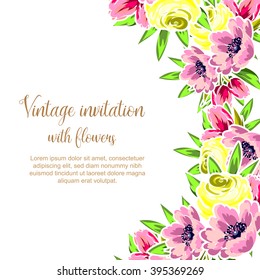 Vintage delicate invitation with flowers for wedding, marriage, bridal, birthday, Valentine's day. 