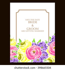 Vintage delicate invitation with flowers for wedding, marriage, bridal, birthday, Valentine's day.