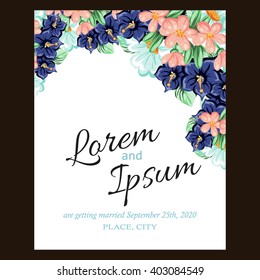 Vintage delicate invitation with flowers for wedding, marriage, bridal, birthday, Valentine's day. Romantic vector illustration.