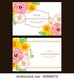 Vintage delicate invitation with flowers for wedding, marriage, bridal, birthday, Valentine's day. Romantic vector illustration.