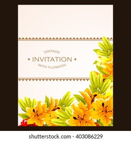 Vintage delicate invitation with flowers for wedding, marriage, bridal, birthday, Valentine's day. Romantic vector illustration.