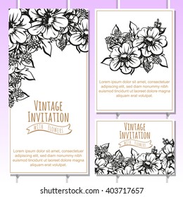 Vintage delicate invitation with flowers for wedding, marriage, bridal, birthday, Valentine's day. Romantic vector illustration.