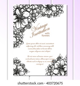 Vintage delicate invitation with flowers for wedding, marriage, bridal, birthday, Valentine's day. Romantic vector illustration.