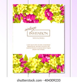 Vintage delicate invitation with flowers for wedding, marriage, bridal, birthday, Valentine's day. Romantic vector illustration.