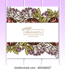 Vintage delicate invitation with flowers for wedding, marriage, bridal, birthday, Valentine's day.