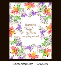 Vintage delicate invitation with flowers for wedding, marriage, bridal, birthday, Valentine's day. Romantic vector illustration.