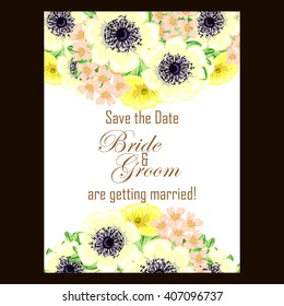 Vintage delicate invitation with flowers for wedding, marriage, bridal, birthday, Valentine's day. Romantic vector illustration.