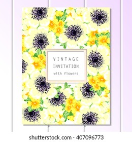 Vintage delicate invitation with flowers for wedding, marriage, bridal, birthday, Valentine's day. Romantic vector illustration.