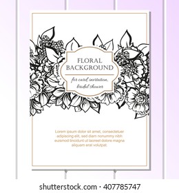 Vintage delicate invitation with flowers for wedding, marriage, bridal, birthday, Valentine's day. Romantic vector illustration.