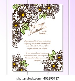 Vintage delicate invitation with flowers for wedding, marriage, bridal, birthday, Valentine's day.