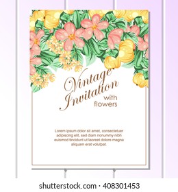 Vintage delicate invitation with flowers for wedding, marriage, bridal, birthday, Valentine's day.