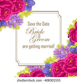 Vintage delicate invitation with flowers for wedding, marriage, bridal, birthday, Valentine's day.