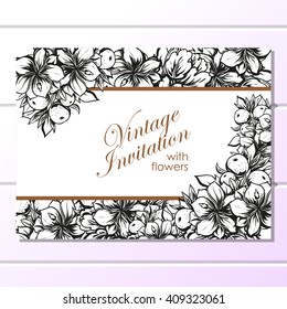 Vintage delicate invitation with flowers for wedding, marriage, bridal, birthday, Valentine's day. Romantic vector illustration.