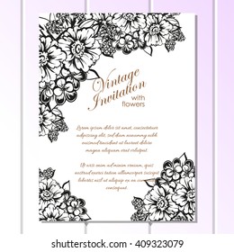 Vintage delicate invitation with flowers for wedding, marriage, bridal, birthday, Valentine's day. Romantic vector illustration.