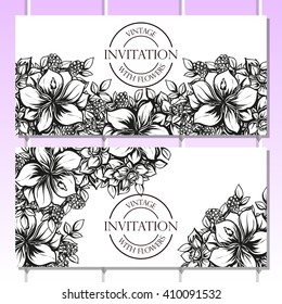 Vintage delicate invitation with flowers for wedding, marriage, bridal, birthday, Valentine's day. Romantic vector illustration.