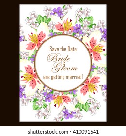 Vintage delicate invitation with flowers for wedding, marriage, bridal, birthday, Valentine's day. Romantic vector illustration.