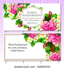 Vintage delicate invitation with flowers for wedding, marriage, bridal, birthday, Valentine's day. Romantic vector illustration.