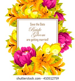 Vintage delicate invitation with flowers for wedding, marriage, bridal, birthday, Valentine's day. Romantic vector illustration.