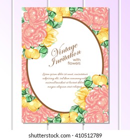 Vintage delicate invitation with flowers for wedding, marriage, bridal, birthday, Valentine's day. Romantic vector illustration.