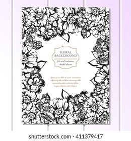 Vintage delicate invitation with flowers for wedding, marriage, bridal, birthday, Valentine's day. Romantic vector illustration.