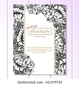 Vintage delicate invitation with flowers for wedding, marriage, bridal, birthday, Valentine's day. Romantic vector illustration.