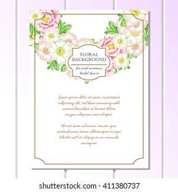 Vintage delicate invitation with flowers for wedding, marriage, bridal, birthday, Valentine's day. Romantic vector illustration.
