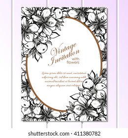 Vintage delicate invitation with flowers for wedding, marriage, bridal, birthday, Valentine's day. Romantic vector illustration.