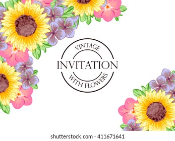 Vintage delicate invitation with flowers for wedding, marriage, bridal, birthday, Valentine's day. Romantic vector illustration.