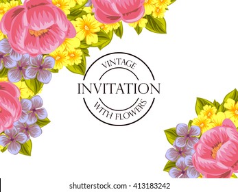 Vintage delicate invitation with flowers for wedding, marriage, bridal, birthday, Valentine's day.
