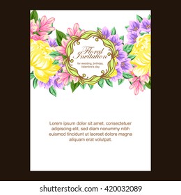 Vintage delicate invitation with flowers for wedding, marriage, bridal, birthday, Valentine's day.