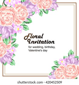 Vintage delicate invitation with flowers for wedding, marriage, bridal, birthday, Valentine's day. Romantic vector illustration.