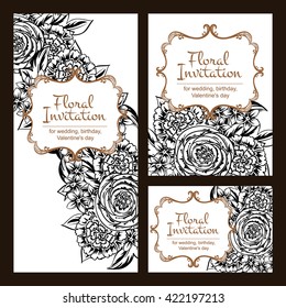 Vintage delicate invitation with flowers for wedding, marriage, bridal, birthday, Valentine's day. Romantic vector illustration.